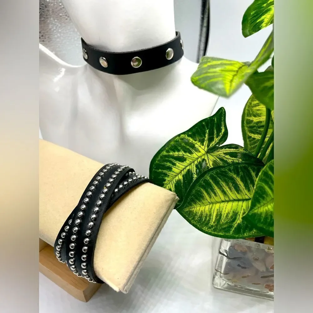 Black Leather 2-piece l Silver-studded l Buckle Choker & Wristband Wrap l New